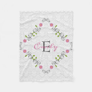 Couverture Polaire Cadre floral damassé blanc