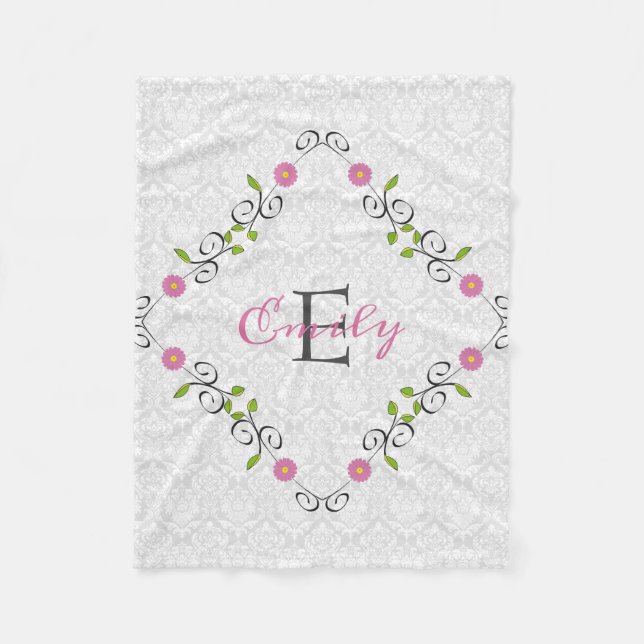 Couverture Polaire Cadre floral damassé blanc (Devant)