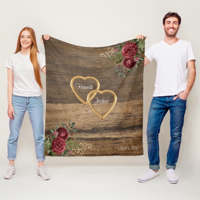 Couverture Polaire Cadres d'or Rustique Bois Rouge Roses Personnalisé (En situation)