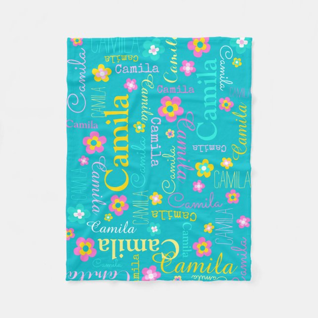 Couverture Polaire Camila personnalise le nom court aqua blanc rose (Devant)