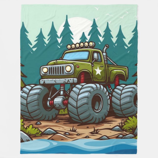 Couverture Polaire Camion Monster Vert dans la forêt (Devant)