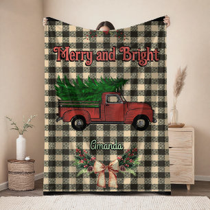 Couverture Polaire camion rouge de Noël plaid écossais gris buffle mo