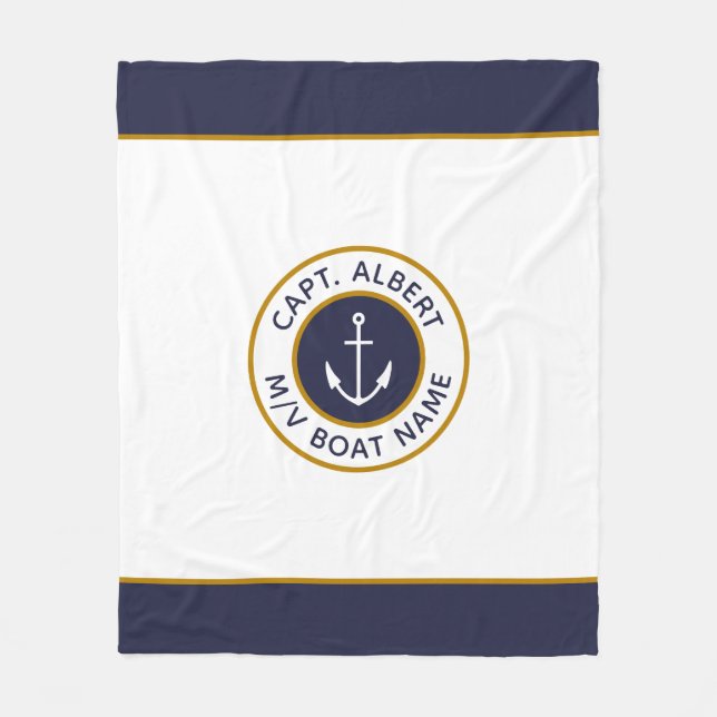 Couverture Polaire Capitaine Votre Nom Couvercle Bleu Blanc Ancre Duv (Devant)