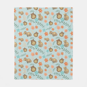 Couverture Polaire Capybaras avec fleurs vert