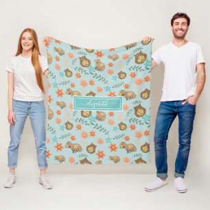 Couverture Polaire Capybaras avec fleurs vert Nom personnalisé