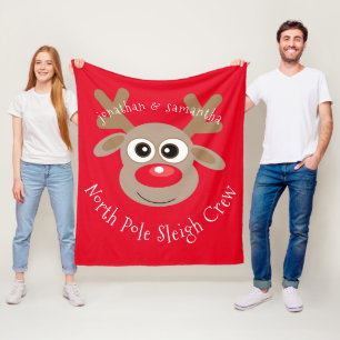 Couverture Polaire Caricature de rennes de Noël nommée Red Sleigh Cre