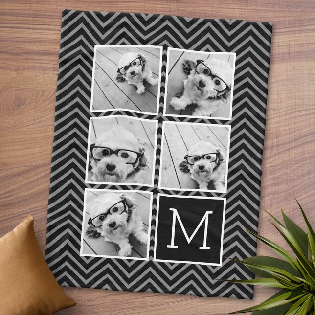 Couverture Polaire Carré noir blanc 5 Photo Collage Monogramme (Personalized Fleece Blanket - Add Photos and Text or Customize completely in advanced design area)