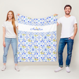 Couverture Polaire Carreau bleu motif français Country Lemon Monogram