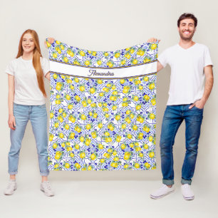 Couverture Polaire Carreau de style provençal bleu citron avec monogr