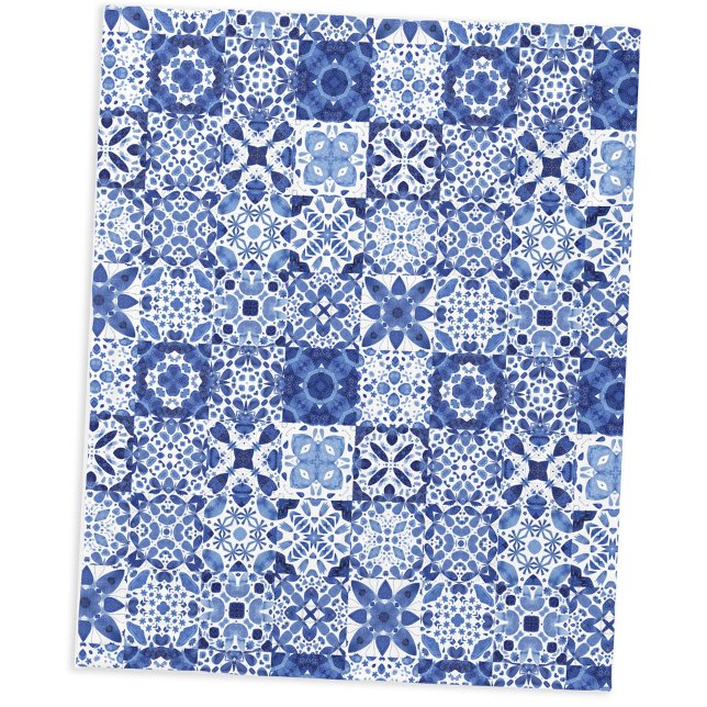 Couverture Polaire Carreaux Bleus Bleu Méditerranéen Motif Aquarelle (Blue and white watercolor 
Mediterranean tile pattern fleece blanket)