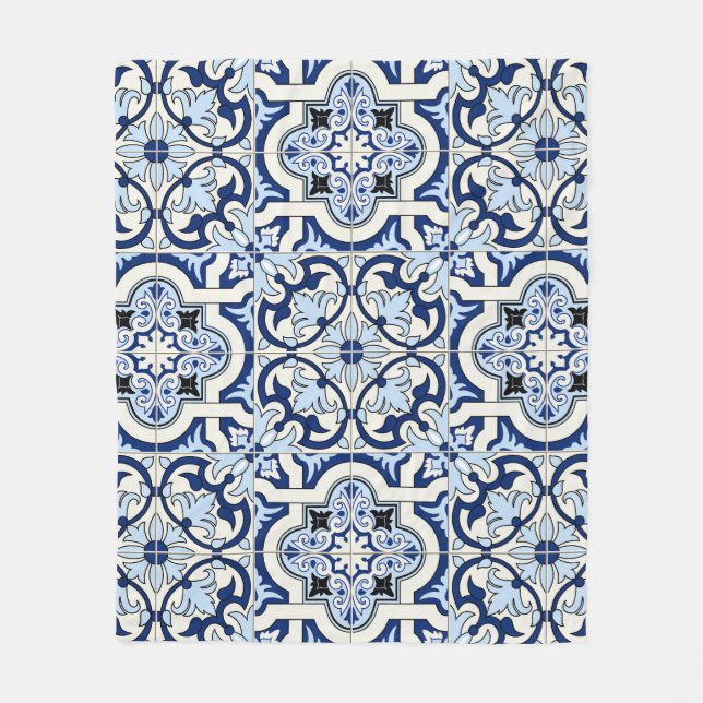 Couverture Polaire Carreaux marocains : Bleus Motifs magnifiques. (Devant)