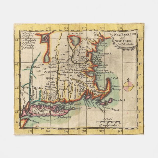 Couverture Polaire Carte vintage de la Nouvelle-Angleterre et de Long (Devant (Horizontal))