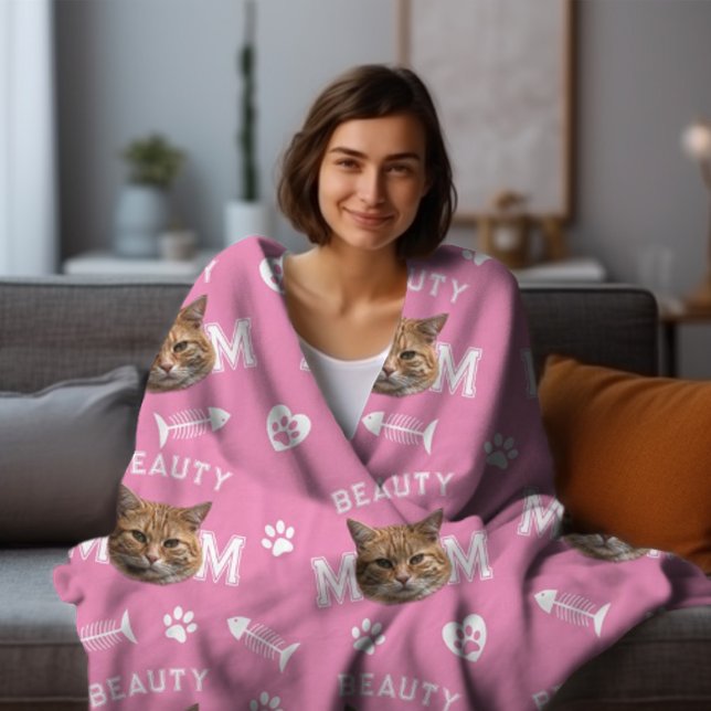 Couverture Polaire Cat Mom Pink Nom personnalisé et photo Répéter Fl (Créateur téléchargé)