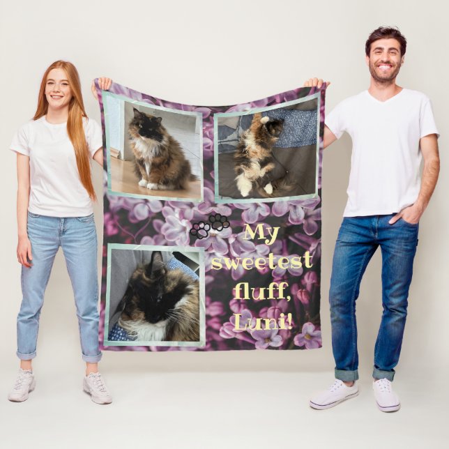 Couverture Polaire Cat photo collage purple flower fleecedecke (En situation)