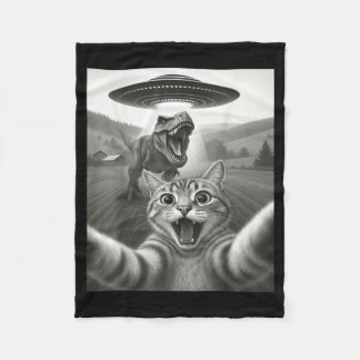 Couverture Polaire Cat Selfie With Alien Ufo &amp; T-rex Dinosaur Fun