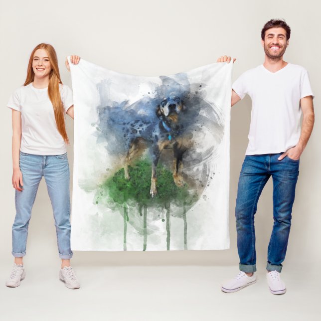Couverture Polaire Catahoula léopard bleu en aquarelle (En situation)