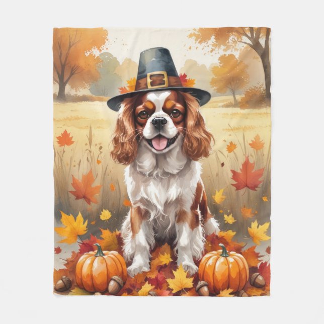 Couverture Polaire Cavalier King Charles Spaniel Feuilles d'automne (Devant)
