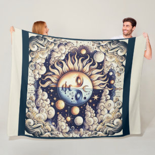 Couverture Polaire Céleste Vintage Demi Soleil & Lune Bleu Jaune