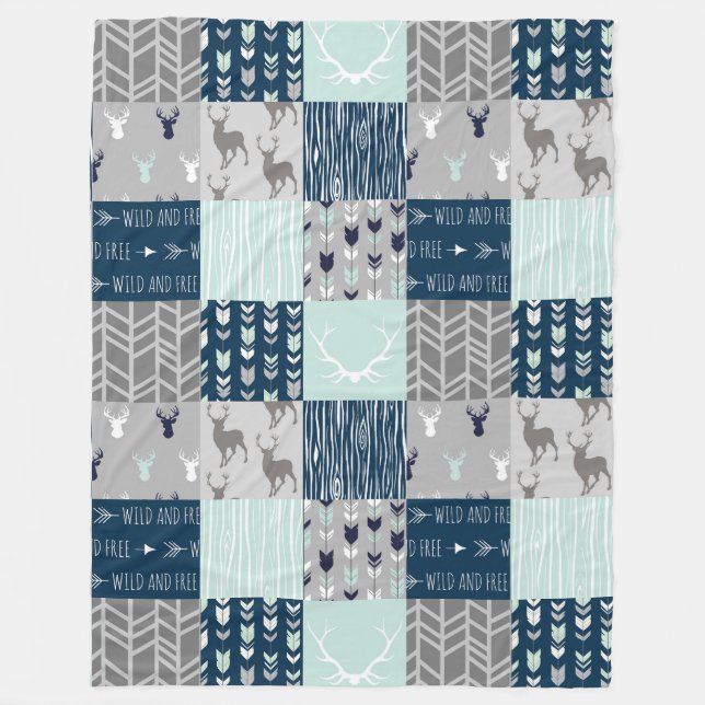 Couverture Polaire Cerf à écaille de bois. - Menthe/Marine/gris (Devant)