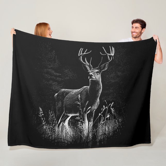 Couverture Polaire Cerf aux bois encadrés par champ et arbre (En situation)