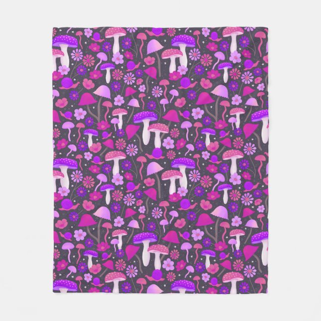 Couverture Polaire Champignons rétro mignons Trippy violet, rose et n (Devant)