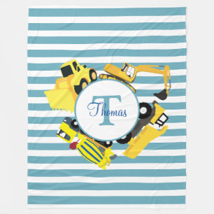 Couverture Polaire Chariots de construction Bleu rayures Monogramme