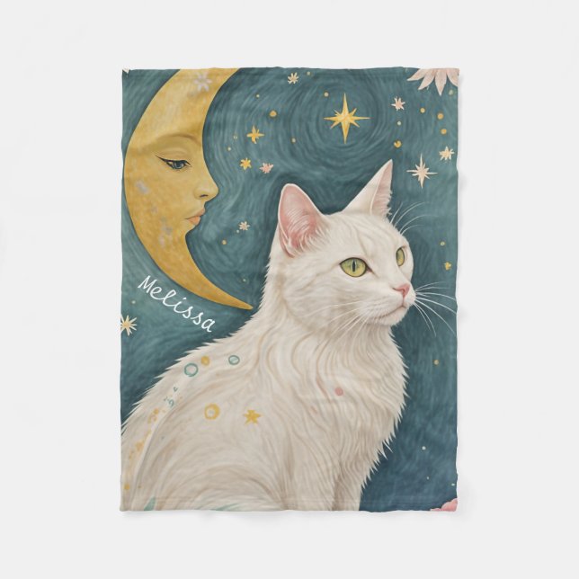 Couverture Polaire Chat blanc enchanteur aux yeux verts (Devant)