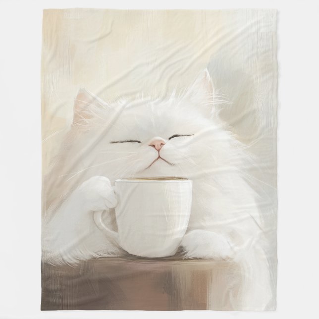 Couverture Polaire Chat blanc Fluffy Boire Café - Cosy Whimsical (Devant)