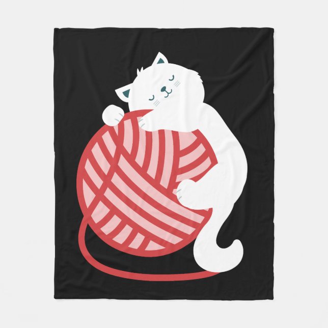 Couverture Polaire Chat blanc mignon avec boule de fil (Devant)