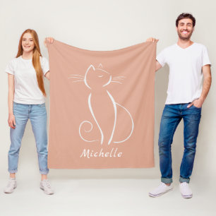 Couverture Polaire Chat blanc minimaliste sur rose Ajouter un nom  