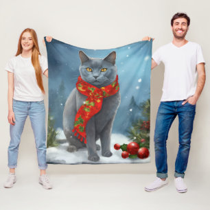 Couverture Polaire Chat Bleu Russe à Noël sous la neige