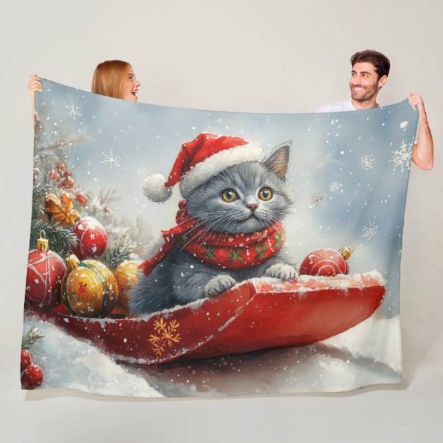 Couverture Polaire Chat Bleu Russe en Luge Laissez Tomber la Neige No (En situation)