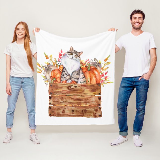 Couverture Polaire Chat d'automne et citrouilles en boîte (En situation)