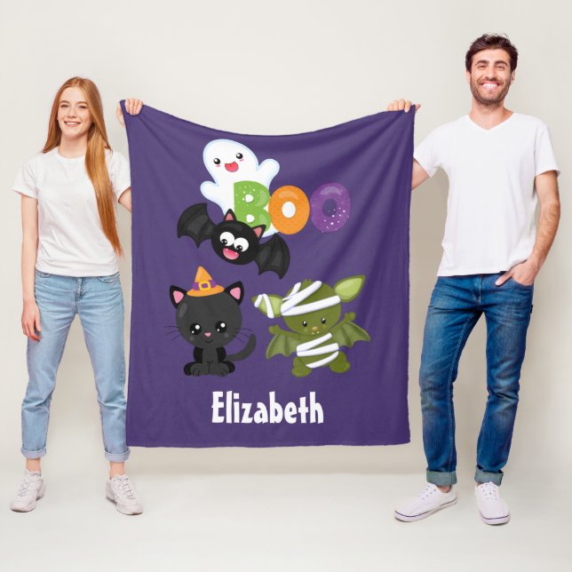 Couverture Polaire Chat de Cute Halloween, bat, mummy et ghost (En situation)