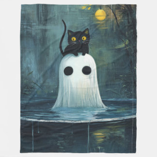 Couverture Polaire Chat d'Halloween et fantôme dans la piscine