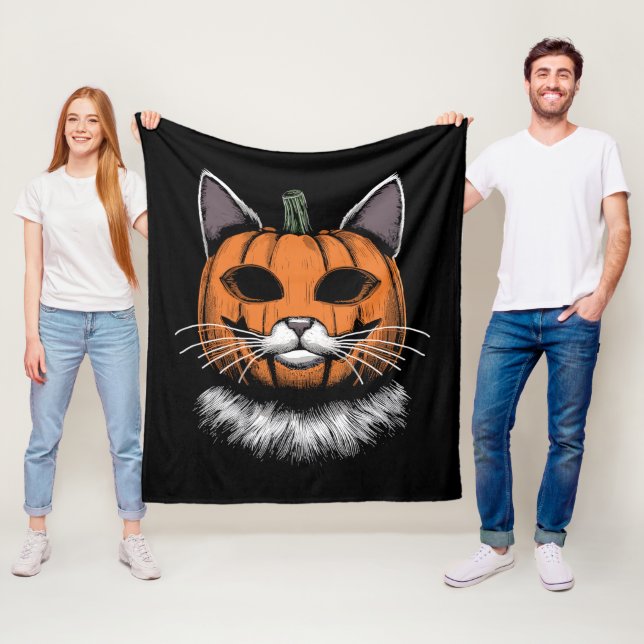 Couverture Polaire Chat d'Halloween, visage Citrouille (En situation)