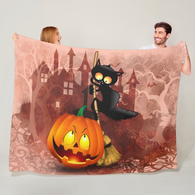 Couverture Polaire Chat effrayé par Citrouille Fun Halloween caractèr (En situation)