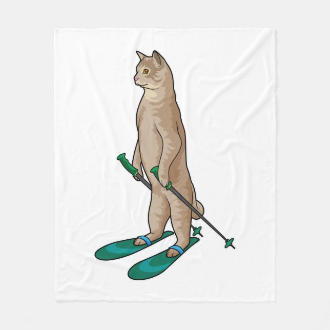 Couverture Polaire Chat en Ski avec Pôles de Ski & Ski (Devant)