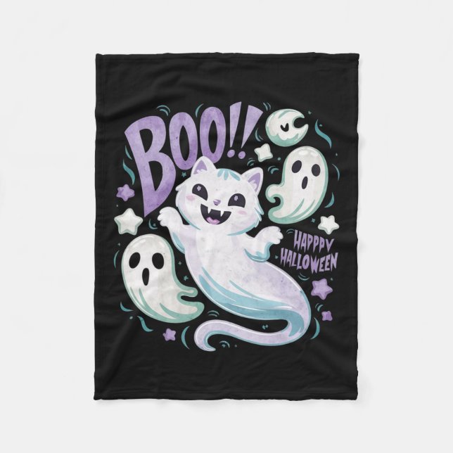 Couverture Polaire Chat fantôme Boo Kitty Halloween (Devant)
