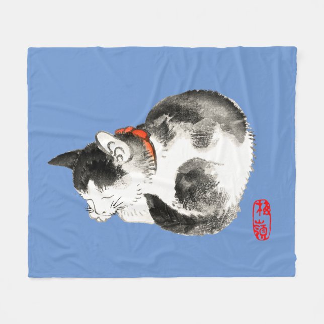 Couverture Polaire Chat japonais couché noir et blanc (Devant (Horizontal))