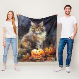 Couverture Polaire Chat Maine Coon Halloween avec des citrouilles eff