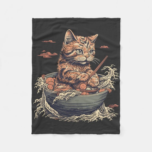 Couverture Polaire chat mange Ramen, Vague de Kanawaga (Devant)