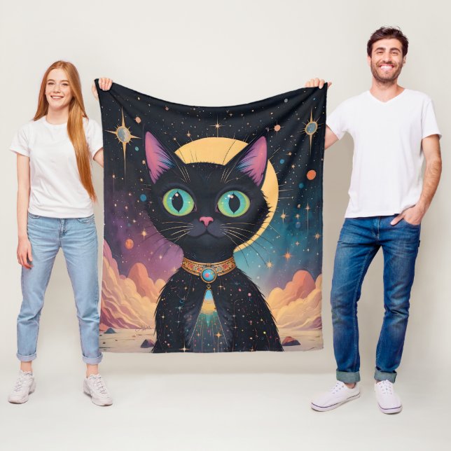 Couverture Polaire Chat noir cosmique futuriste atomique en clair de  (En situation)