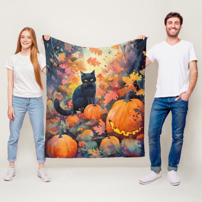 Couverture Polaire Chat noir d'Halloween avec la peur Citrouille (En situation)