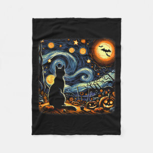 Couverture Polaire Chat noir d'Halloween Van Gogh Nuit étoilée Amour