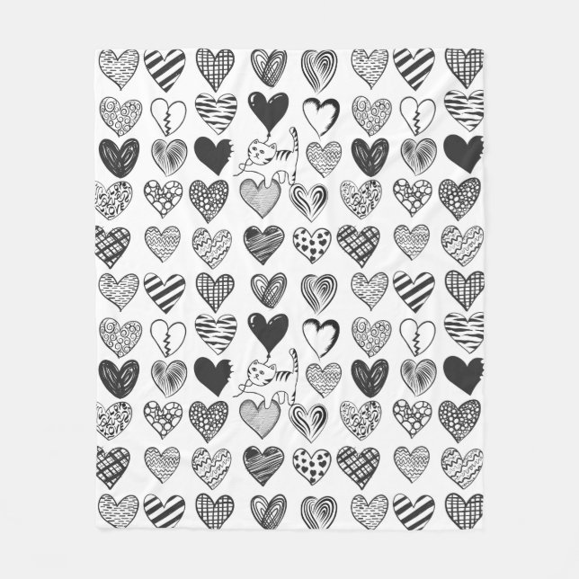 Couverture Polaire Chat noir et blanc et Motif de coeur (Devant)