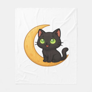 Couverture Polaire Chat noir souriant aux yeux verts brillants assis