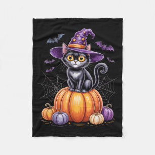 Couverture Polaire Chat Noir Sur Citrouille Avec Chapeau De Sorcière 