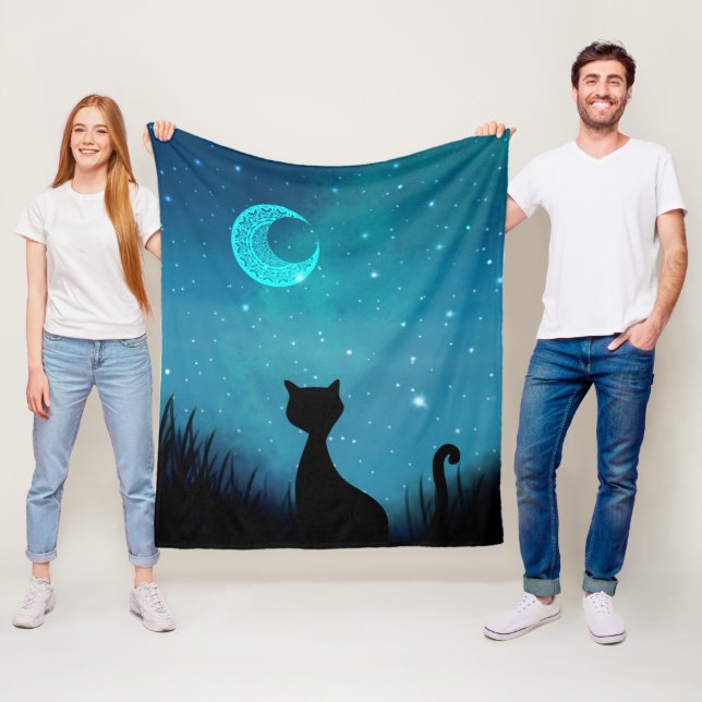 Couverture Polaire Chat nuit étoilée (En situation)