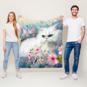 Couverture Polaire Chat Persan Yeux Bleus dans des Fleurs Roses Perso